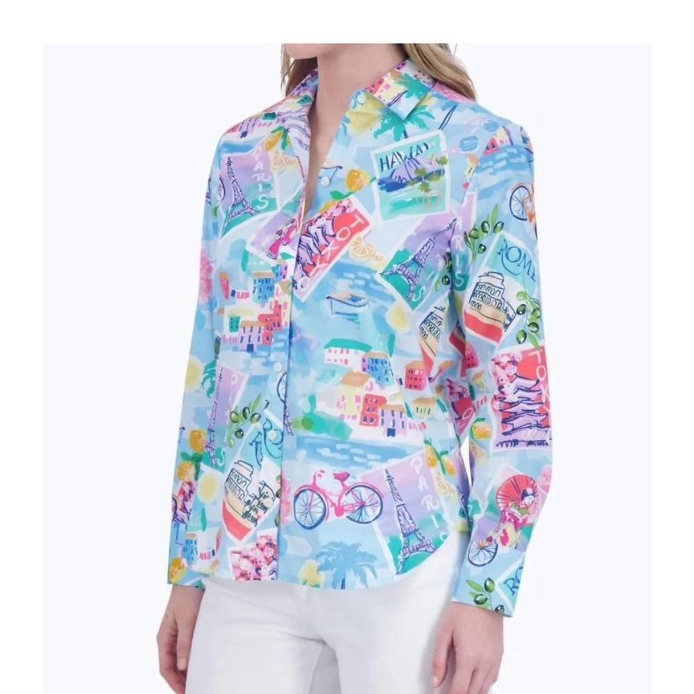 Foxcroft Plus Travel Conversational Long Sleeve Shirt Size 2X Beachy Fun Artsy